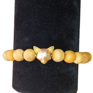 Buena Vida Natural Wood Beads w Gold Tone Fox Head Center Makers Charm Bracelet